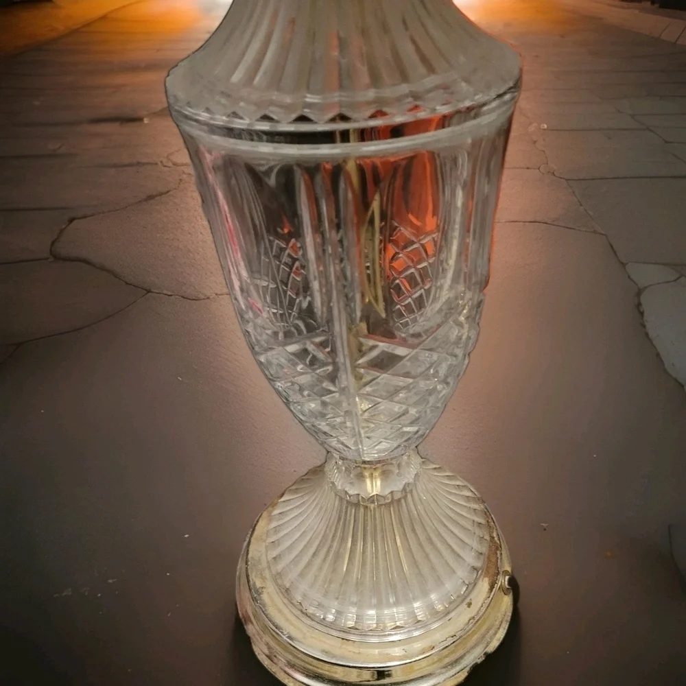 pair of Vintage Crystal and brass table lamps brown organza shade Hollywood